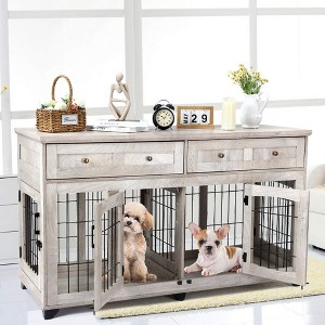 58 Inch Dog Crate Furniture – 2 Room Indoor Kennel with Large Drawers, Durable Pet House - 1 of 4