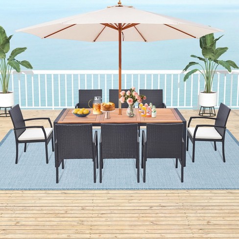 Costway 9 Pieces  Patio Rattan Dining Set with Acacia Wood Table, 1.9" Umbrella Hole - image 1 of 4