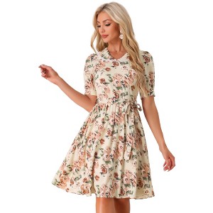 INSPIRE CHIC Women's Vintage Floral Peter Pan Collar High Waist Puff Sleeve A-line Midi Dress - 1 of 4