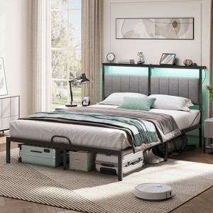 Bestier Queen Bed Frame with Upholstered Headboard Mattress Slide Stopper |  Platform Bedframe with LED Lights, Sturdy Metal Legs Black - 1 of 4