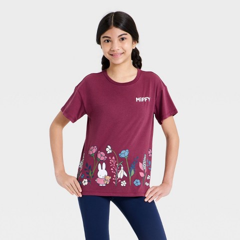 Детские футболки Miffy Girls' Miffy Short Sleeve Floral Printed Graphic T-Shirt - Mauve XXL Plus