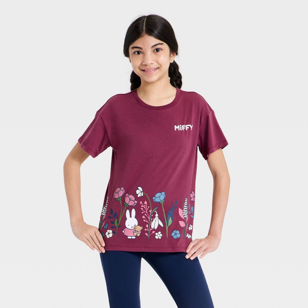 Girls' Miffy Short Sleeve Floral Printed Graphic T-Shirt - Mauve