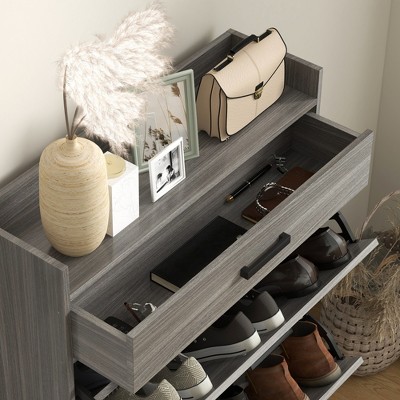 Distressed Gray Wood and Metal Slim Shoe Cabinet with Adjustable Shelves