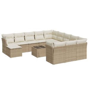vidaXL 13 Piece Patio Sofa Set with Cushions Beige Poly Rattan - Beige and Cream With Table - 1 of 4