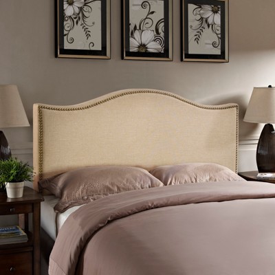 Beige Linen Upholstered Queen Headboard with Nailhead Trim