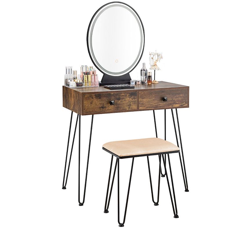 Tangkula Vanity Table Set Makeup Dressing Desk with Cushioned Stool & Lighted Mirror Rustic, 5 of 7