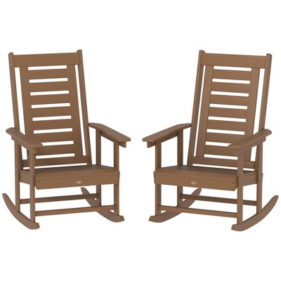 Outsunny Outdoor Rocking Chairs Set of 2, HDPE Patio Rockers with 28" High Back, Wide Armrests and Slatted Seat for Porch Backyard Balcony, Brown