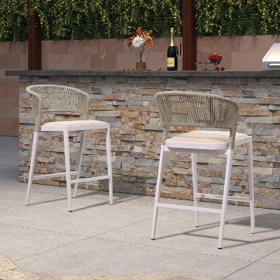 PURPLE LEAF Counter Height Stool Set of 2 Modern Aluminum Rattan Wicker Outdoor Barstools with Backrest and Cushion for Kitchen Lawn Pool Bar Chairs