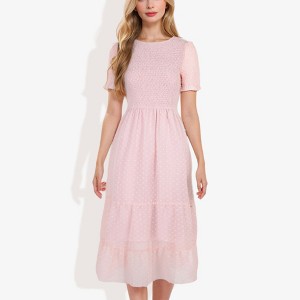 Anna-Kaci Women's Short Sleeve Smocked Fashion Dress with Swiss Dot Pattern and Ruffle Hem Detail Casual Summer Dress - 1 of 4
