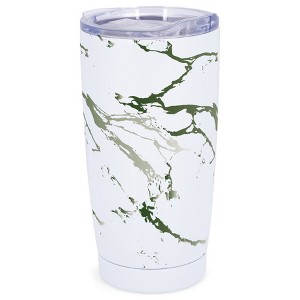 Elanze Designs 20 oz Stainless Steel On the Go Insulated Travel Tumbler With Push Top Lid, Forest Green Marble Print White - 1 of 4