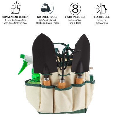 Nature Spring Gardening Tools With 7-Pocket Canvas Tote - Set of 8