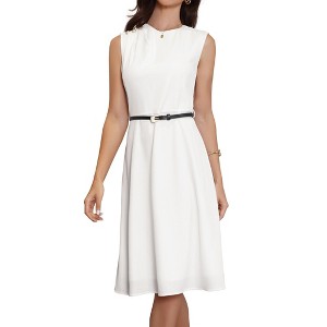 INSPIRE CHIC Women's Work Crew Neck Sleeveless Button Decor Belted A Line Midi Dresses - 1 of 4