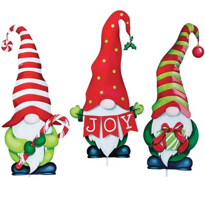 Collections Etc Holiday Garden Gnomes Metal Stakes - Set of 3