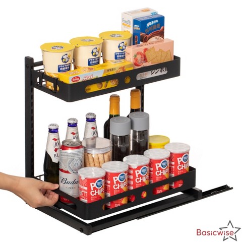 Basicwise Adjustable Height Under Sink Pull-Out Organizer 2-Tier Sliding Shelf Rack Heavy-Duty Mesh Baskets for Kitchen