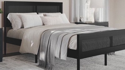 King Brown Gray Wood Frame Platform Bed with Rattan Headboard