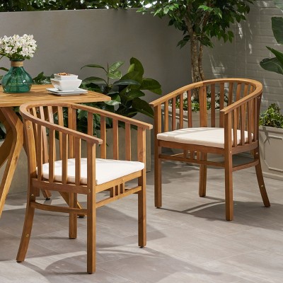 Cream and Teak Outdoor Acacia Wood Dining Chairs with Cushions, Set of 2
