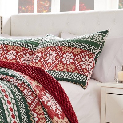 Fair Isle Red and Green Reversible Twin Microfiber Quilt Set