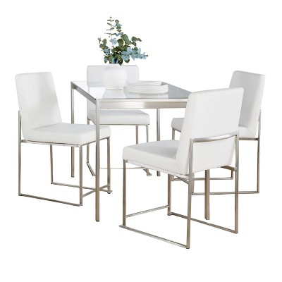 Silver and Clear Glass Top Dining Set with White Faux Leather Chairs