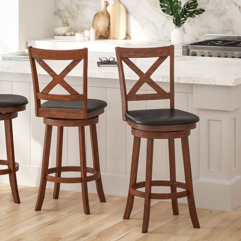 Merrick Lane 30" Classic Wooden Crossback Swivel Bar Height Pub Stool with Upholstered Padded Seat and Integrated Footrest, 3 of 13