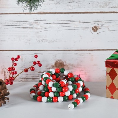 10' Red, Green, and White Wooden Bead Christmas Garland