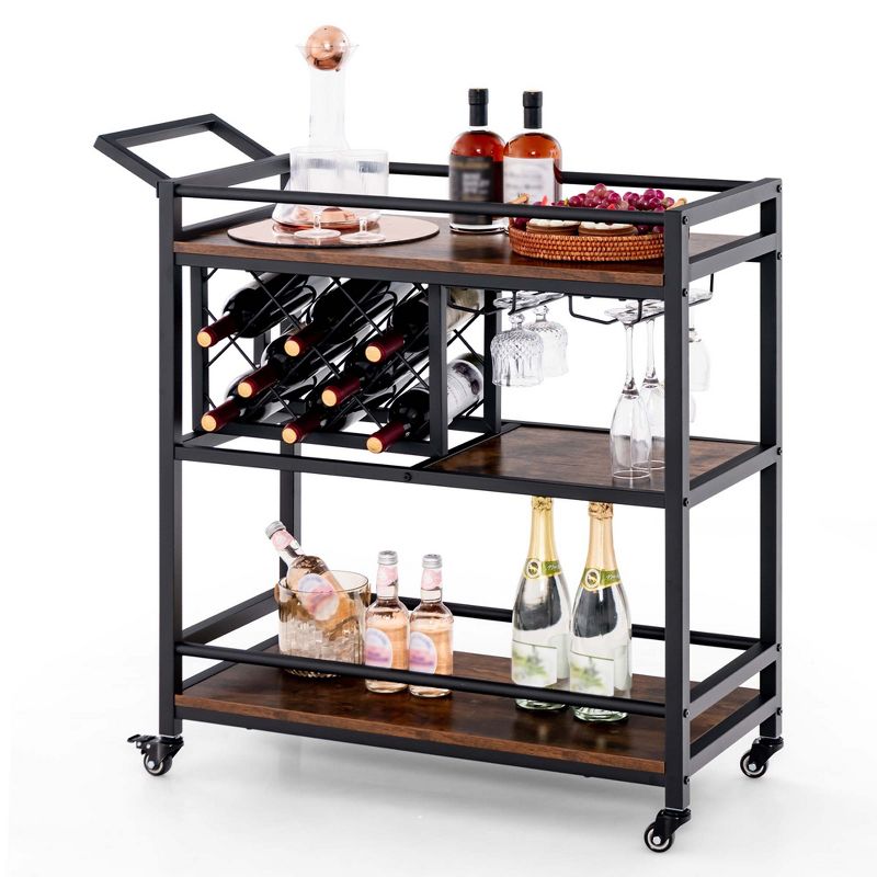 Costway 3-tier Bar Cart on Wheels Home Kitchen Serving Cart with Wine Rack & Glass Holder Rustic Brown/Brown, 1 of 11