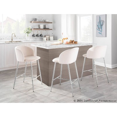 Fran Chrome and Cream Velvet Contemporary Counter Stool, Set of 2