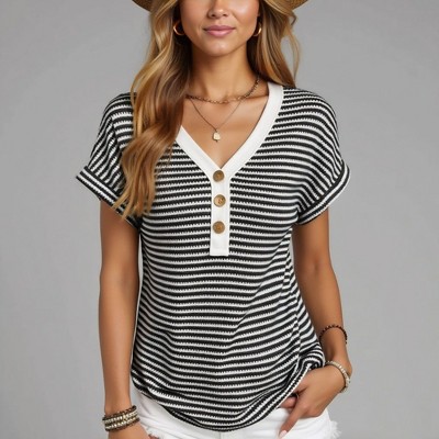 Knit & Lounge Women’s Striped Knit Top V Neck Button Front Short Sleeve Contrast Trim Casual Everyday Pullover