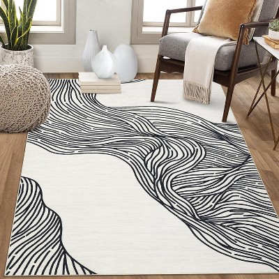 Area Rug for Living Room, Bedroom & Dining Room - 8x10 Modern Abstract Contemporary Cream Soft Faux Wool Washable Non-Slip Low Pile Accent Rug