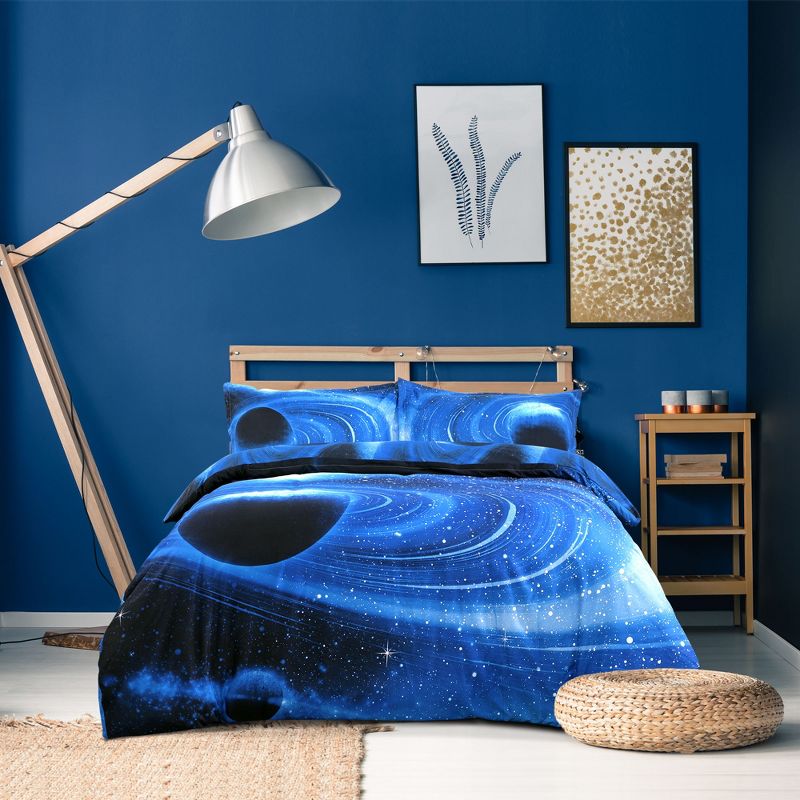 PiccoCasa Polyester Galaxy Sky Cosmos Night Pattern 3D Printed Duvet Cover Set with 2 Pillowcases 3 Pcs Queen Royal Blue, 5 of 7