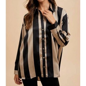 Women's Striped Dropped Shoulder Button Down Shirt - AnnieWear - 1 of 2