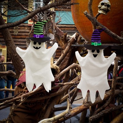 Set of 3 White Hanging Ghosts with Witch Hats