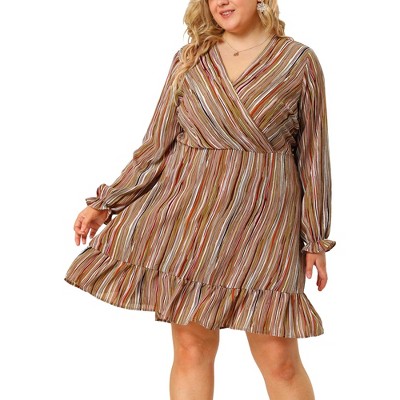 Agnes Orinda Women's Plus Size V Neck Boho Long Sleeve Ruffle Bohemian Midi Flare Dress