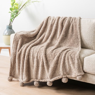 Twin Tan Taupe Sherpa Fleece Throw Blanket with Pom-Pom Fringe