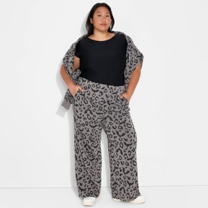 Women's Leopard Bats Barrel Leg Graphic Lounge Pants - Charcoal Gray - 1 of 3