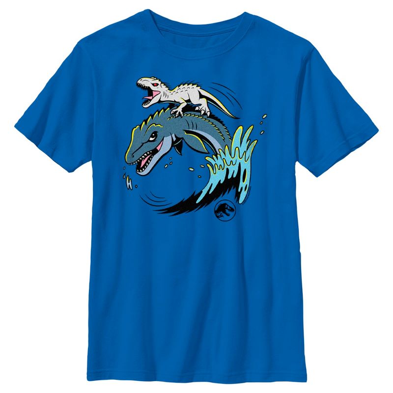 Boy's Jurassic World Dinosaur Wave Surfing T-Shirt, 1 of 6