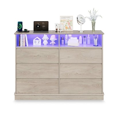 6-Drawer Dresser w/ LED Lights & Charging Station, Modern Wide Chest Storage Cabinet for Bedroom, Living Room, Hallway