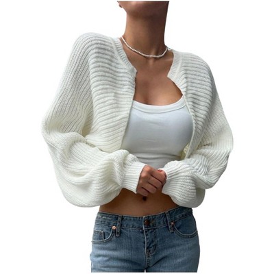 Womens Seamless Open Front Cropped Sweater Ribbed Knit Cardigan with Long Sleeve Lantern Sleeve Chunky Sweater Womens Fall Outfits