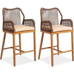 VINGLI Outdoor Counter Height Bar Stools Set of 2, Rattan Outdoor Barstools Boho Woven Patio Bar Stools with Backrest Garden Balcony Pool Bar Chairs - 1 of 4