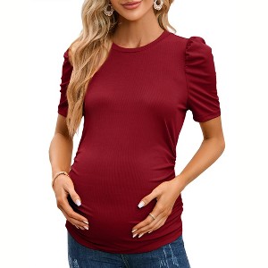 Maternity Tops Women's Casual Ribbed Round Neck Puff Short Sleeve Ruched Side Tunic Blouses Shirts Pregnancy Clothes - 1 of 4
