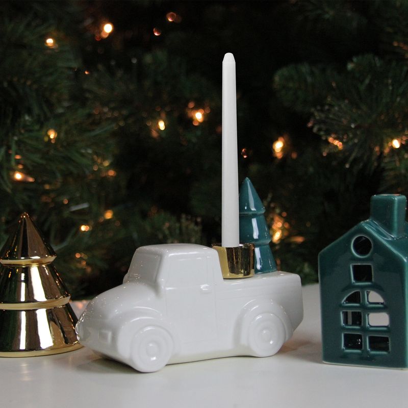 Northlight 6 White Ceramic Truck with Christmas Tree Taper Candlestick Holder, 3 of 5