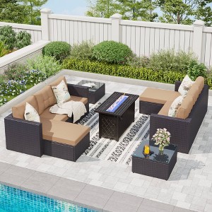 7pc Steel & Wicker Outdoor Rectangular Fire Pit Set with Cushions - Captiva Designs
 - 1 of 4