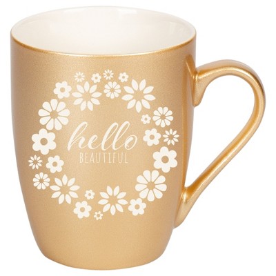 Elanze Designs Flower Wreath Hello Beautiful 10 Ounce Ceramic Laser-Etched Engraved Drinkware Mug, Metallic Vegas Gold