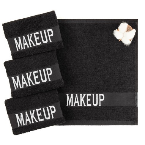  The Little Black Towel Makeup Remover Cloth - Luxury Washcloths  for Gentle Face Wash, Removing Eye Liner, Mascara, plus Foundation Eraser.  Bleach Resistant, Soft Jacquard Lettering, Pack of 4 : Beauty