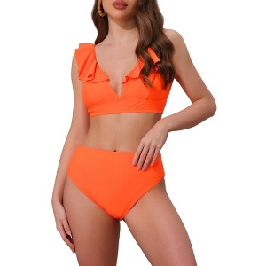 INSPIRE CHIC Women's Ruffle Trim V Neck Wide Strap Leopard Bikini Sets, Drawstring Tie Back Top Triangle Bottom 1 Set - 1 of 4