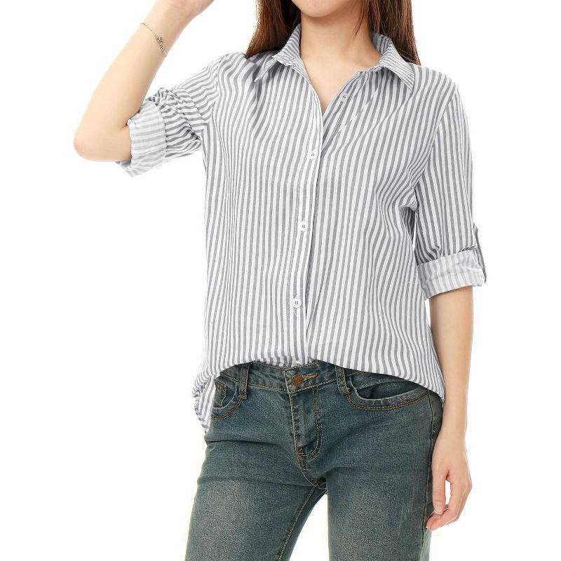 Allegra K Women's Striped Button Down Roll-up Long Sleeves Point Collar Shirt, 1 of 7