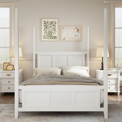 Streamdale Traditional Queen Size Solid Wood Four Poster Bed with Horizontal Grille Design, White