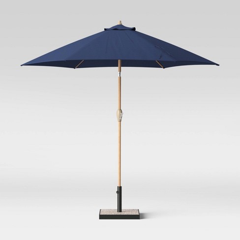 9 Round Patio Umbrella Duraseason Fabric Navy Light Wood Pole Threshold Target