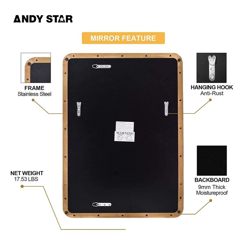 ANDY STAR Modern Decorative 22 x 30 Inch Rectangular Wall Mounted Hanging Bathroom Vanity Mirror with Stainless Steel Metal Frame, Brushed Gold, 4 of 7