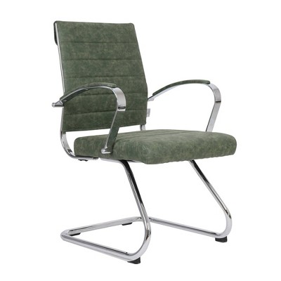 LeisureMod Benmar Office Chair Upholstered in Leather with Stainless Steel Sled Base