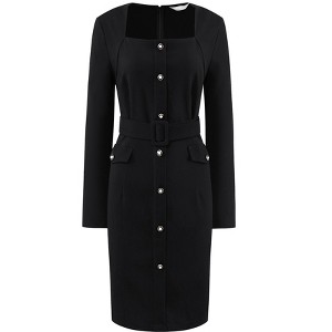 Hobemty Women's Square Neck Long Sleeve Belted Buttoned Work Pencil Dress - 1 of 4